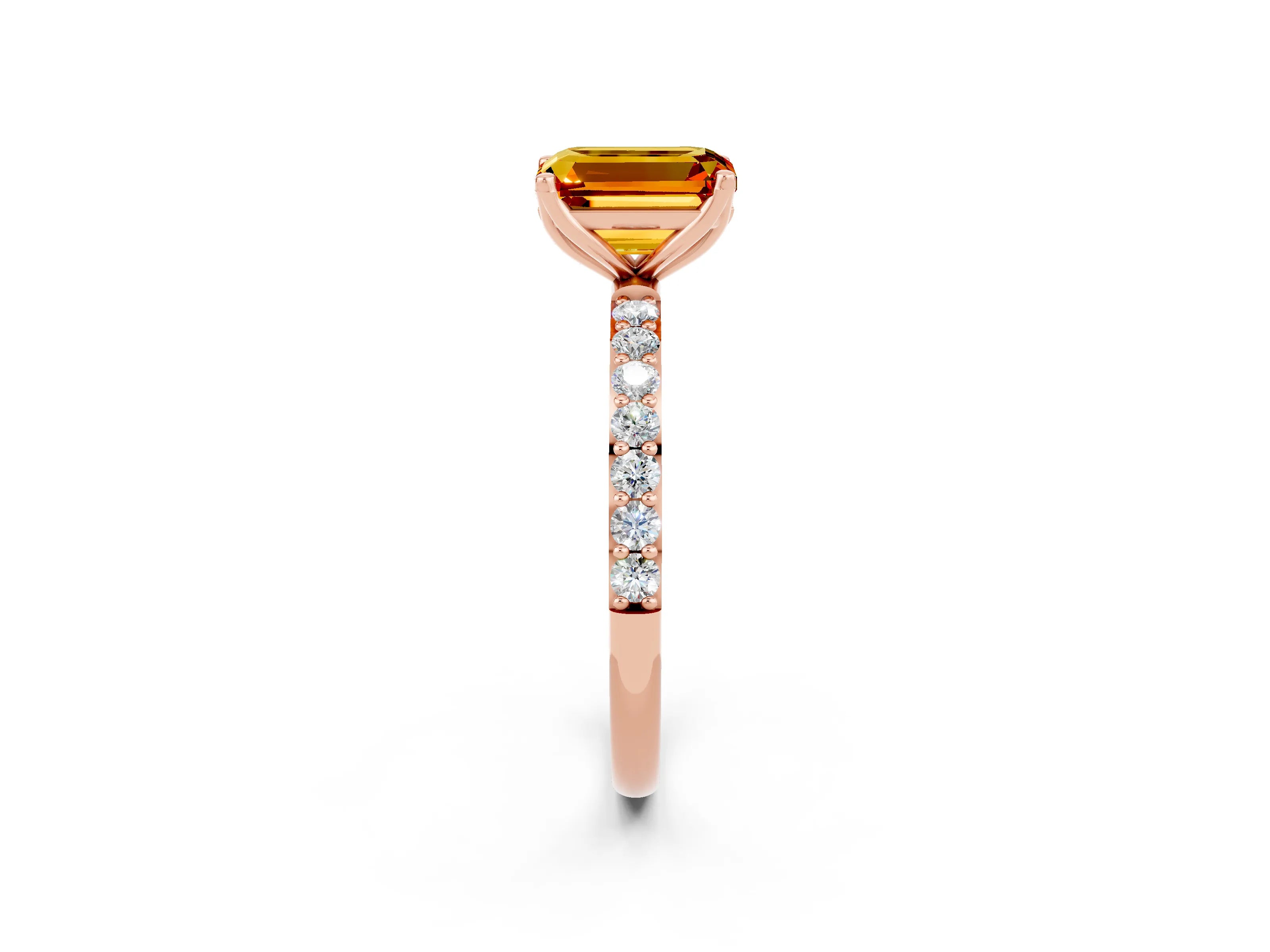 Rose gold Emerald Cut Citrine Solitaire Engagement Ring with Pavé Band and Prong Setting_2