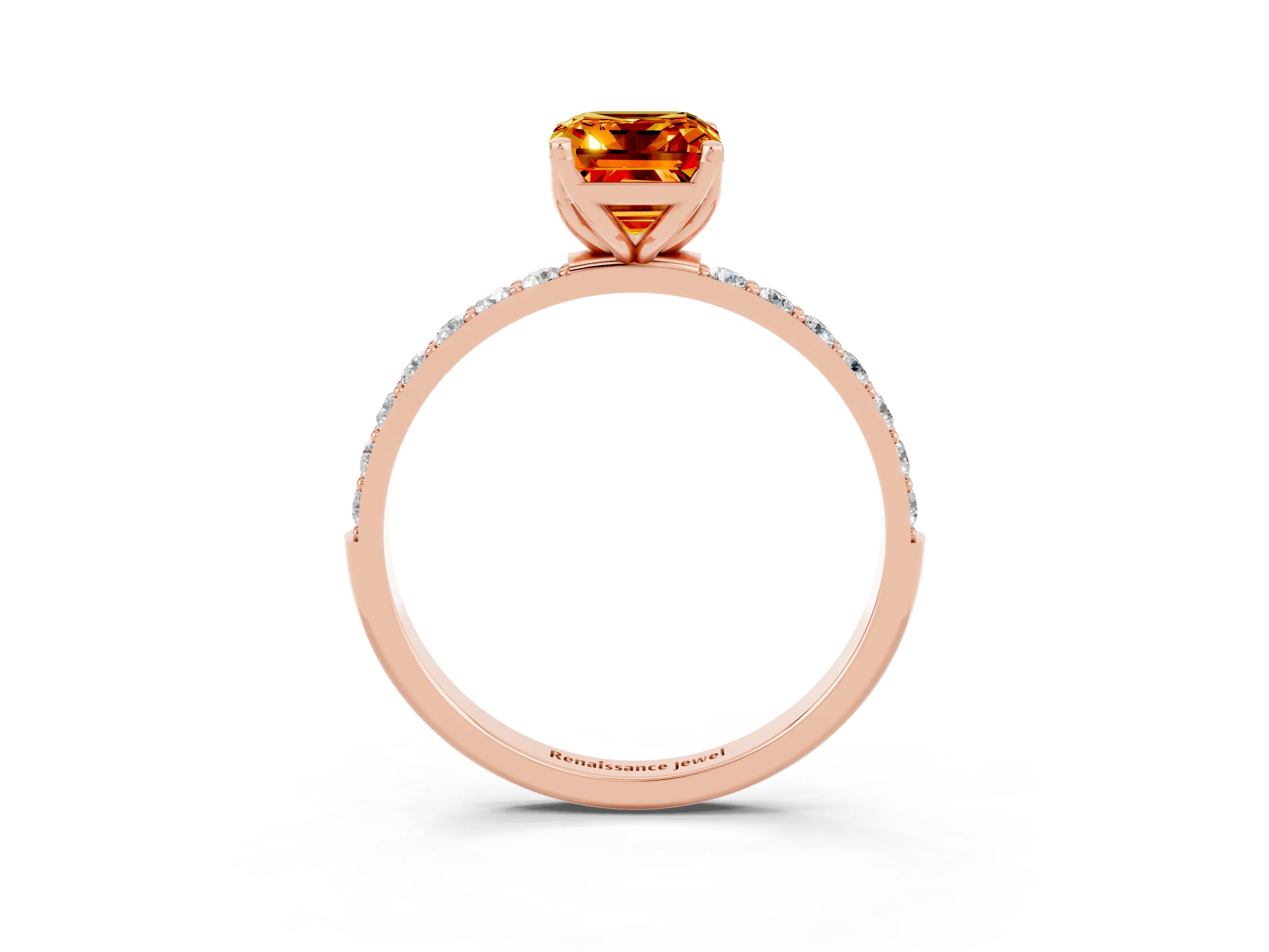 Rose gold Emerald Cut Citrine Solitaire Engagement Ring with Pavé Band and Prong Setting_3