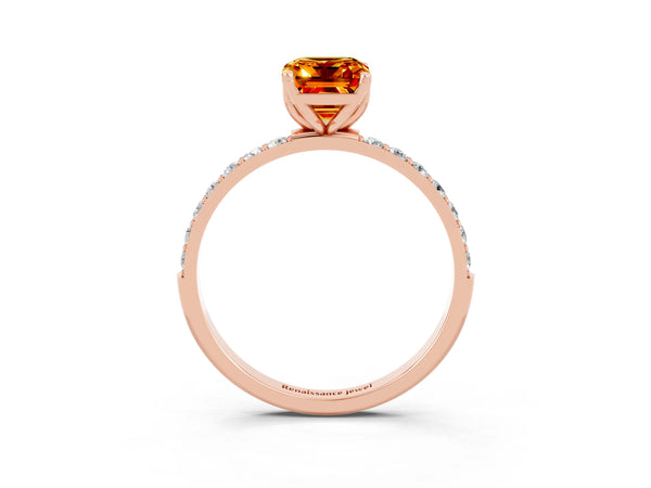 Rose gold Emerald Cut Citrine Solitaire Engagement Ring with Round  Pavé Band and Prong Setting