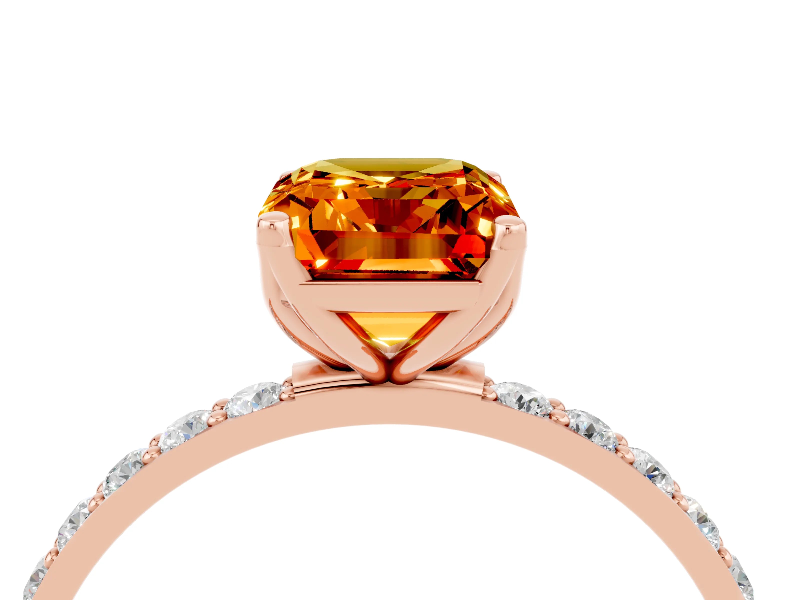 Rose gold Emerald Cut Citrine Solitaire Engagement Ring with Pavé Band and Prong Setting_4