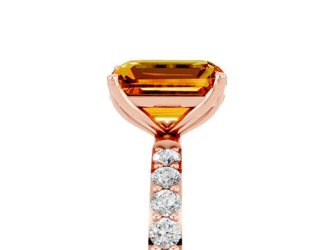 Rose gold Emerald Cut Citrine Solitaire Engagement Ring with Pavé Band and Prong Setting_5
