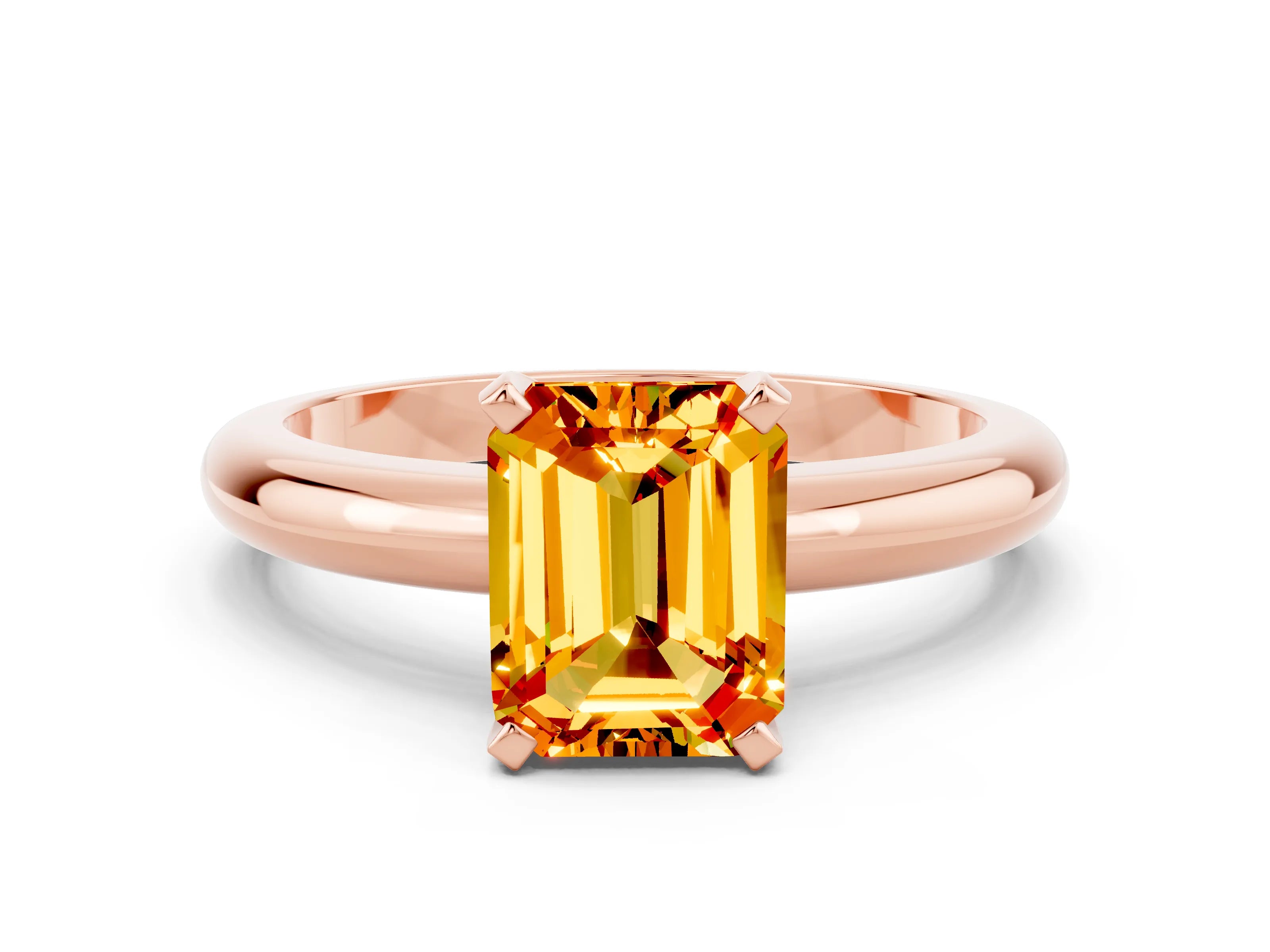 Rose gold Emerald Cut Citrine Solitaire Engagement Ring with Round Band and Four-Prong Setting