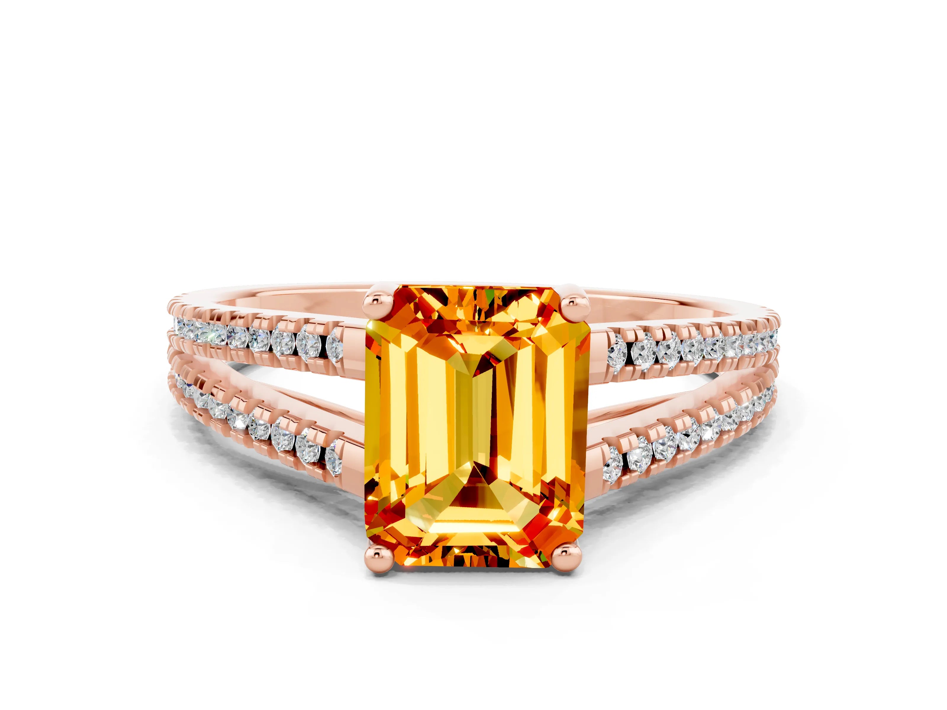 Rose gold Emerald Cut Citrine Solitaire Engagement Ring with Split Shank Pavé Band