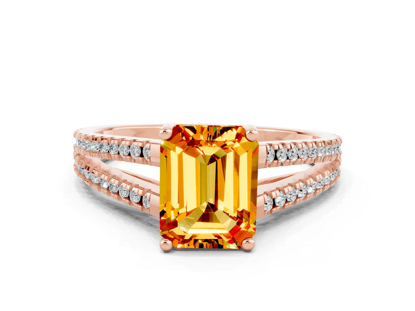Rose gold Emerald Cut Citrine Solitaire Engagement Ring with Split Shank Pavé Band