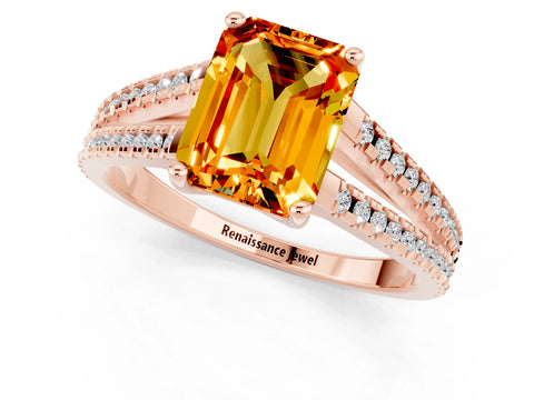 Rose gold Emerald Cut Citrine Solitaire Engagement Ring with Split Shank Pavé Band_1