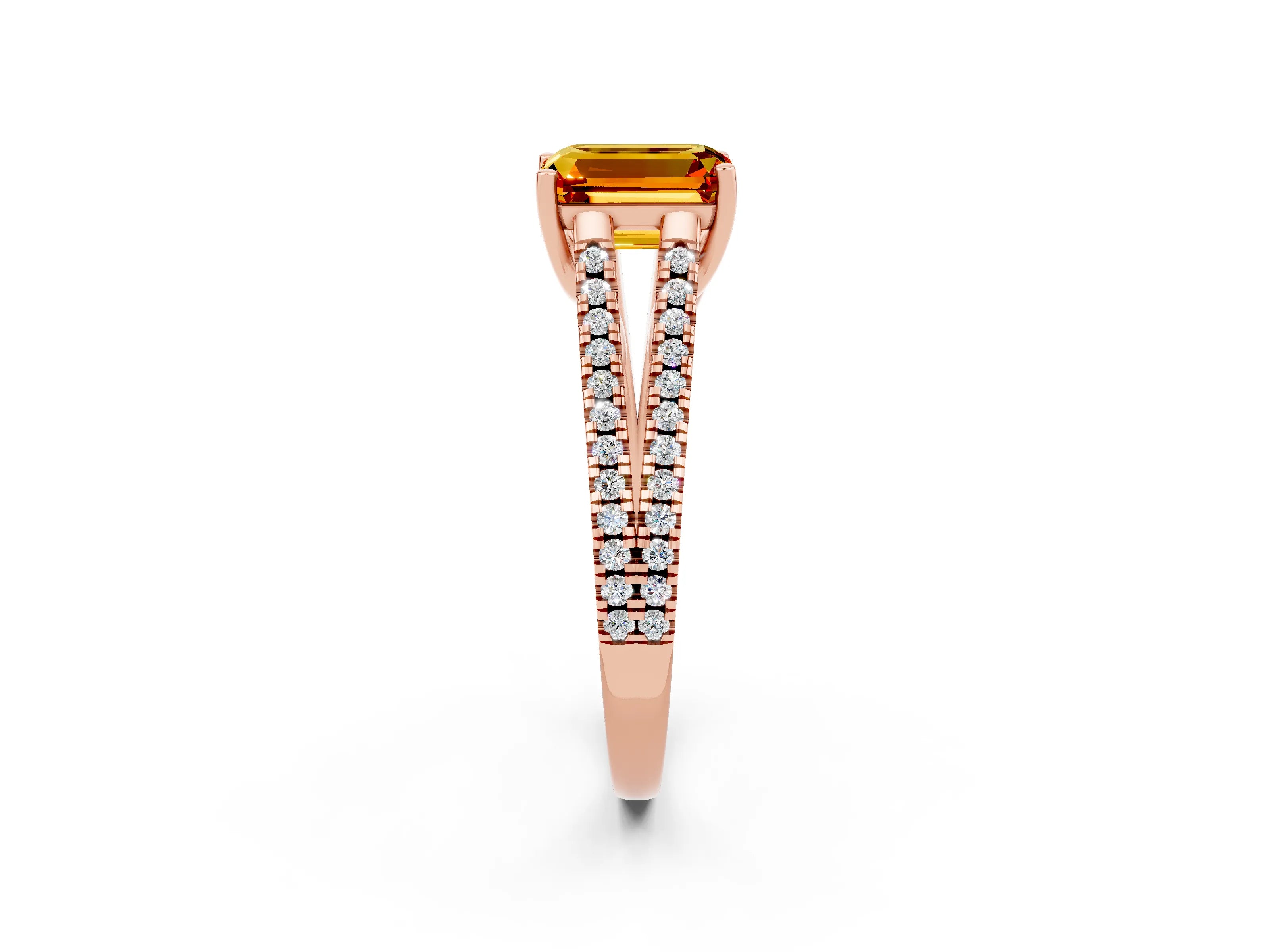Rose gold Emerald Cut Citrine Solitaire Engagement Ring with Split Shank Pavé Band_2