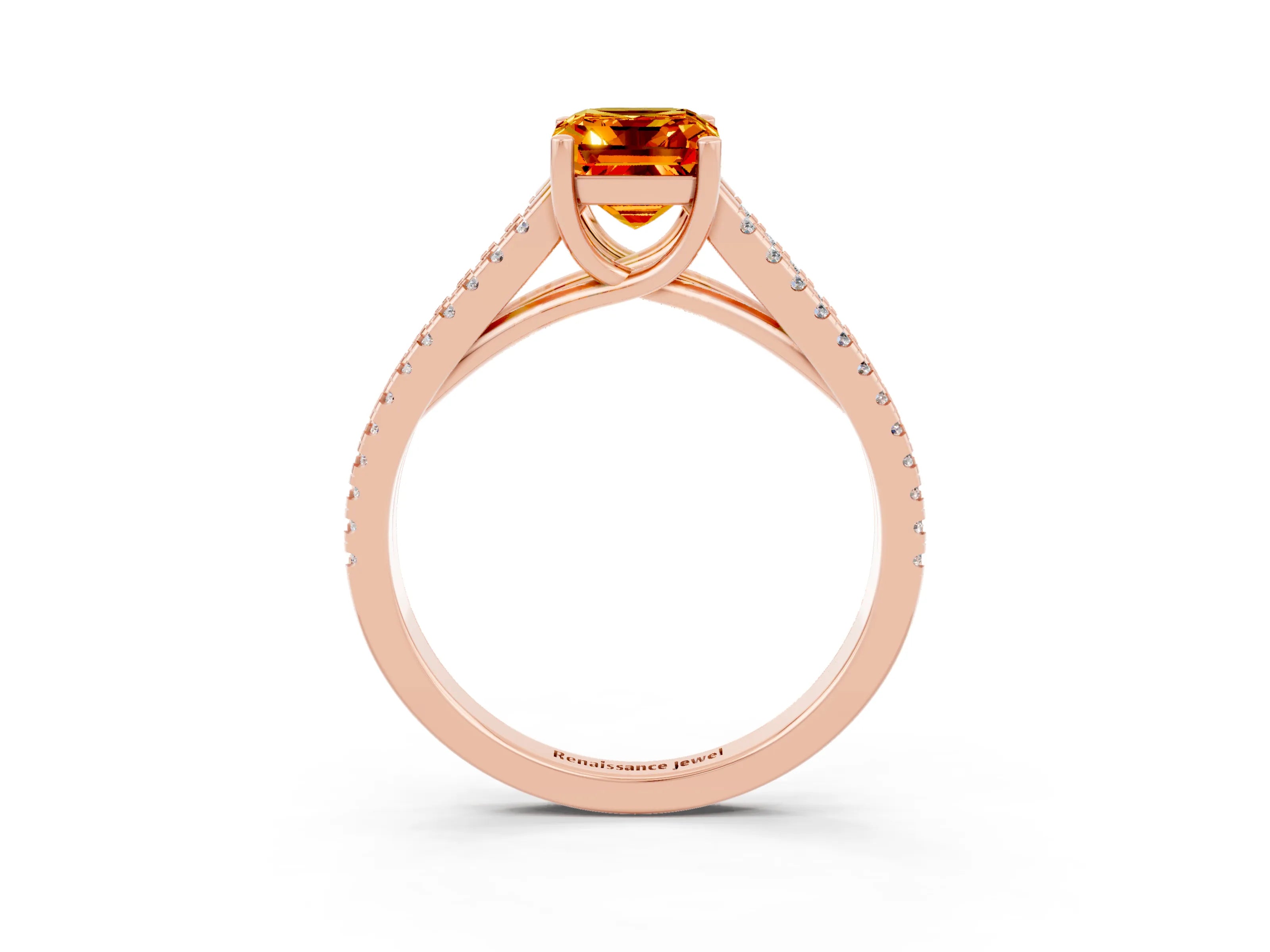 Rose gold Emerald Cut Citrine Solitaire Engagement Ring with Split Shank Pavé Band_3