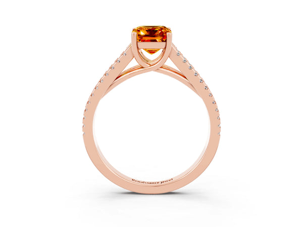 Rose gold Emerald Cut Citrine Solitaire Engagement Ring with Split Shank Pavé Band