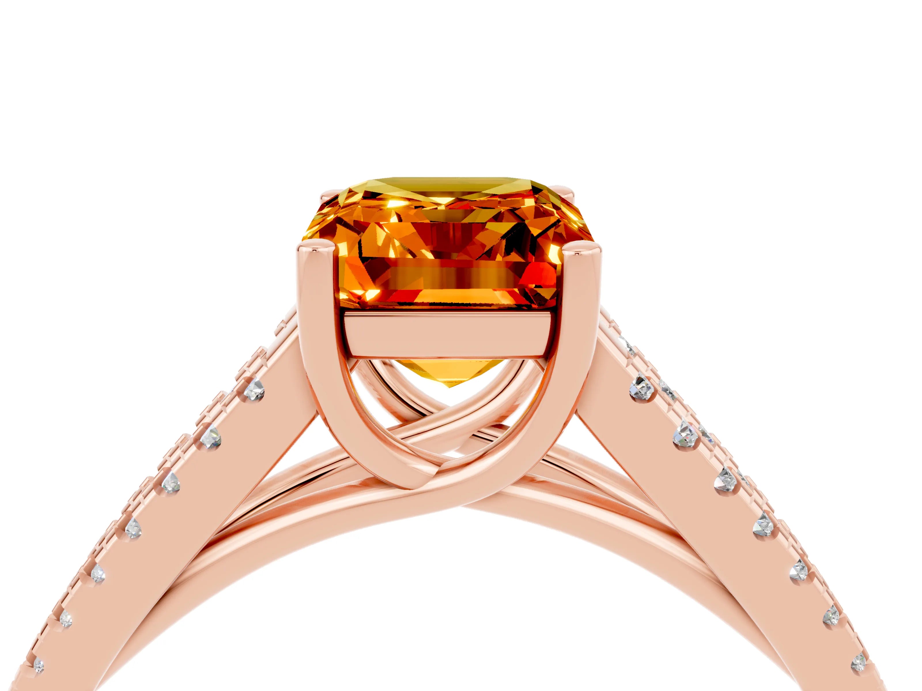 Rose gold Emerald Cut Citrine Solitaire Engagement Ring with Split Shank Pavé Band_4
