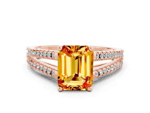 Rose gold Emerald Cut Citrine Solitaire Engagement Ring with Split Shank Pavé Band