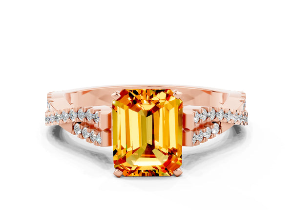 Rose gold Emerald Cut Citrine Solitaire Engagement Ring with Twisted Pavé Band and Four-Prong Setting