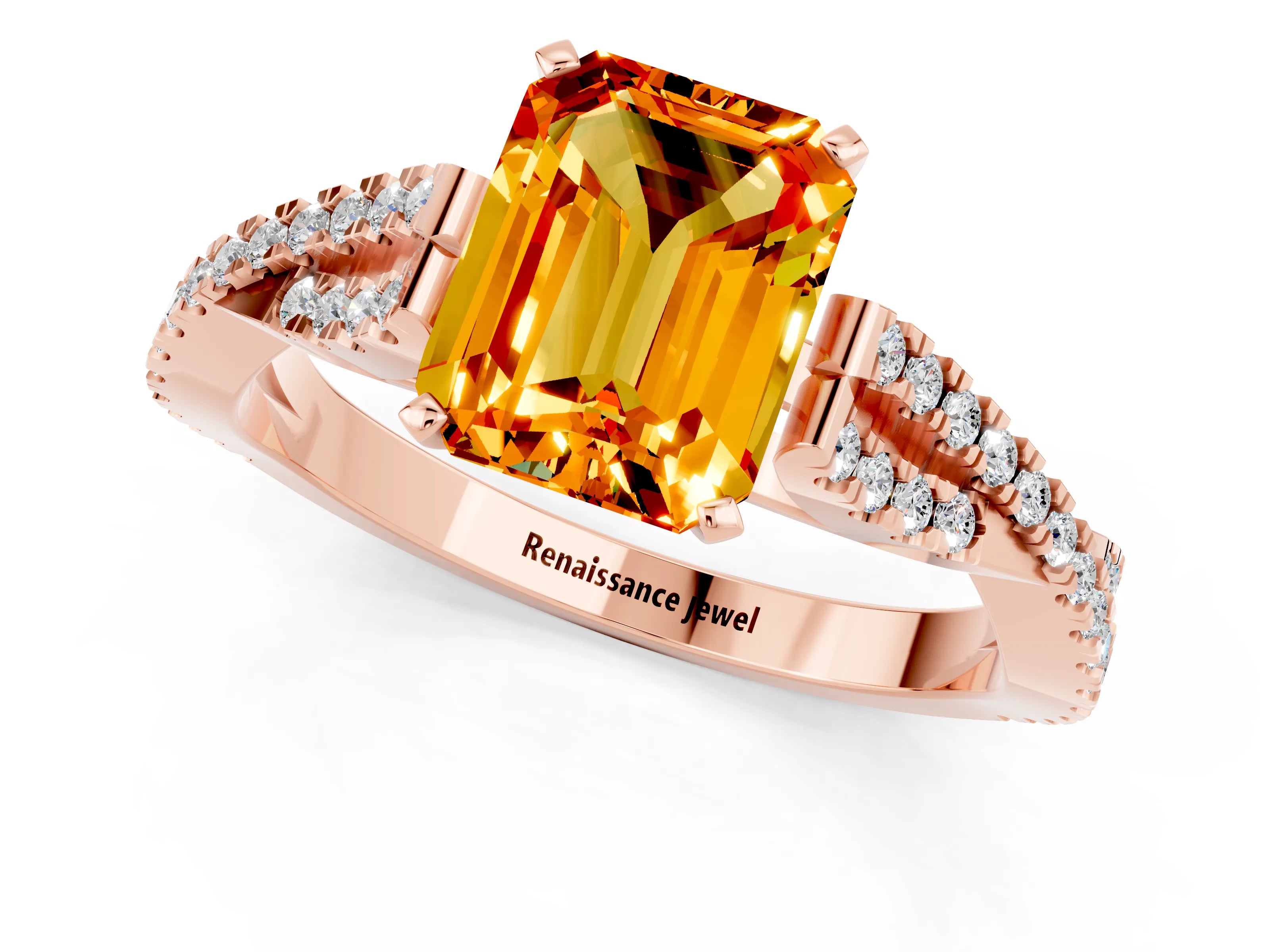 Rose gold Emerald Cut Citrine Solitaire Engagement Ring with Twisted Pavé Band and Four-Prong Setting_1
