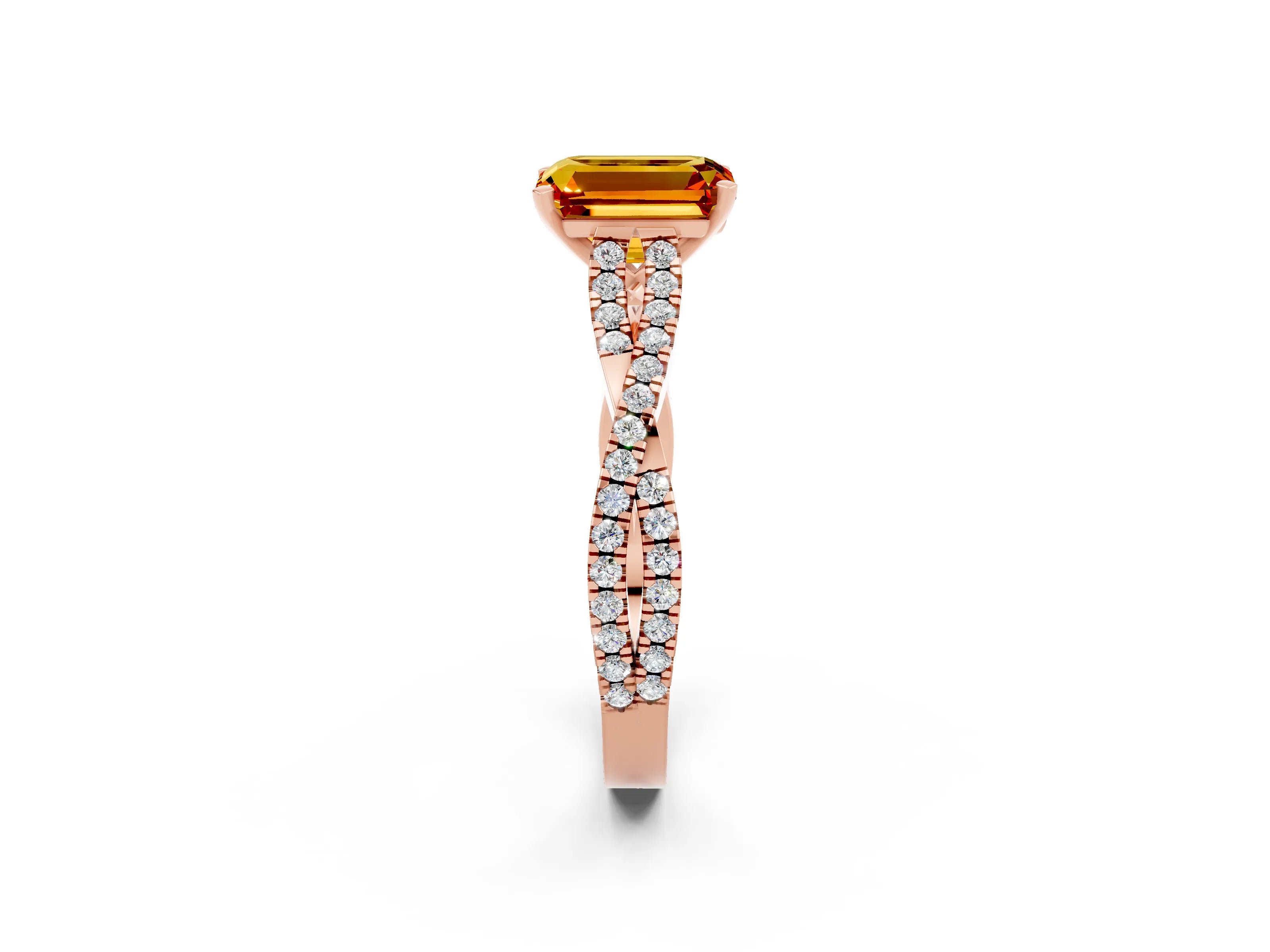 Rose gold Emerald Cut Citrine Solitaire Engagement Ring with Twisted Pavé Band and Four-Prong Setting_2