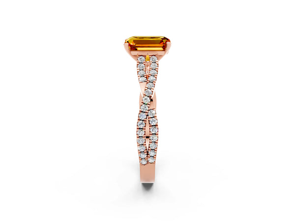 Rose gold Emerald Cut Citrine Solitaire Engagement Ring with Twisted Pavé Band and Four-Prong Setting