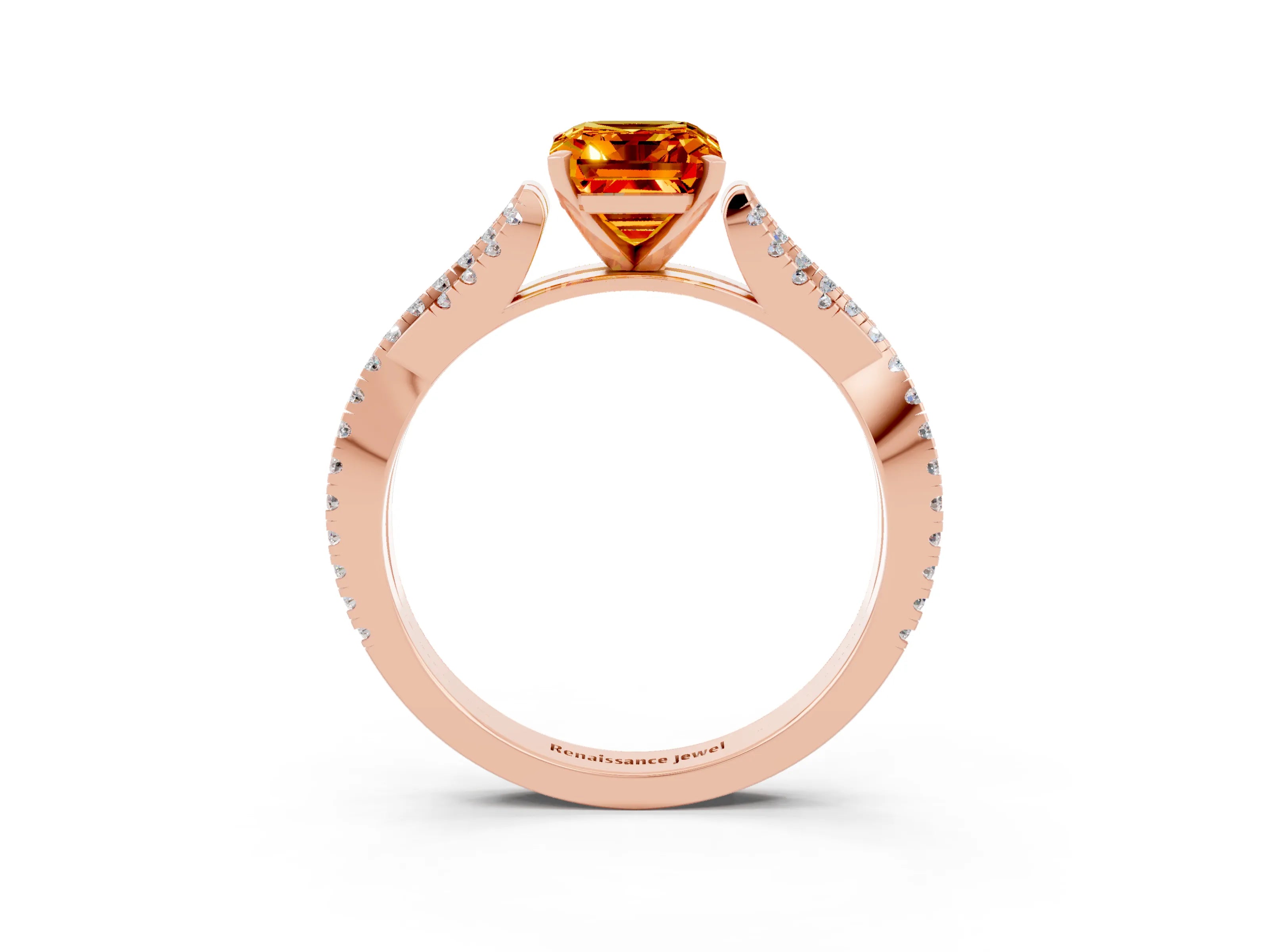 Rose gold Emerald Cut Citrine Solitaire Engagement Ring with Twisted Pavé Band and Four-Prong Setting_3
