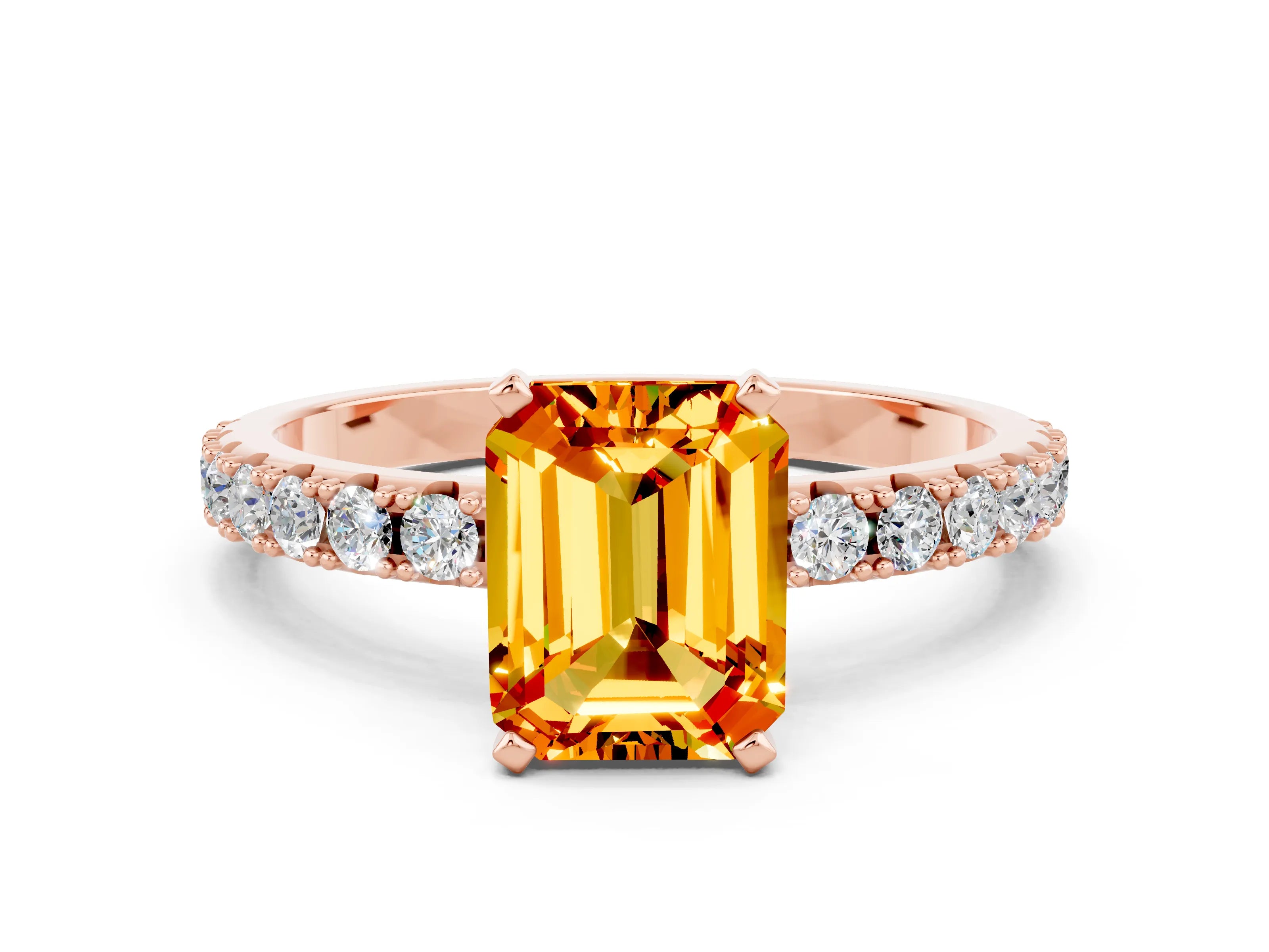 Rose gold Emerald Cut Citrine Solitaire Pavé Band with Four-Prong Setting