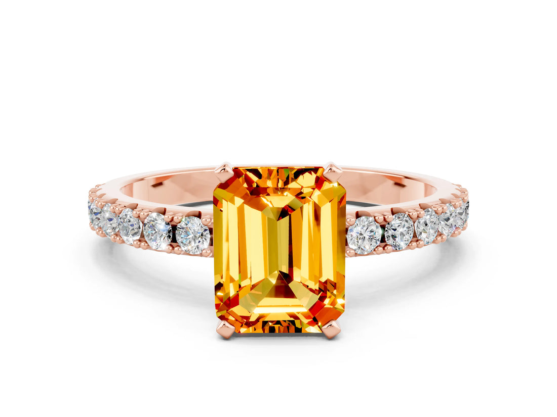 Rose gold Emerald Cut Citrine Solitaire Pavé Band with Four-Prong Setting