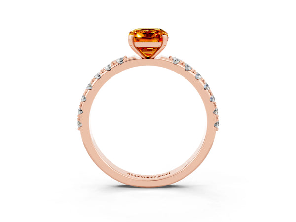 Rose gold Emerald Cut Citrine Solitaire Pavé Band with Four-Prong Setting