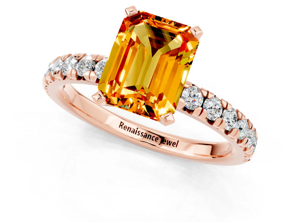 Rose gold Emerald Cut Citrine Solitaire Pavé Engagement Ring with Round Band and Prong Setting