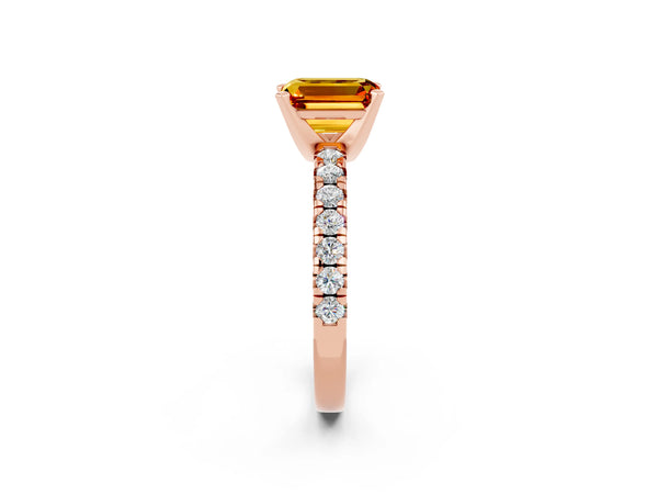Rose gold Emerald Cut Citrine Solitaire Pavé Engagement Ring with Round Band and Prong Setting