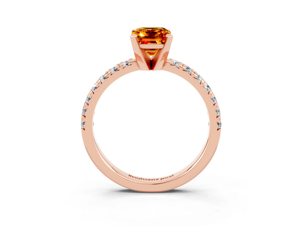 Rose gold Emerald Cut Citrine Solitaire Pavé Engagement Ring with Round Band and Prong Setting