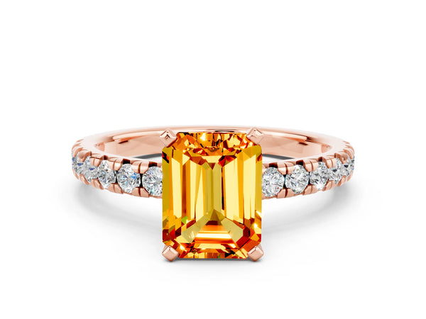 Rose gold Emerald Cut Citrine Solitaire Pavé Engagement Ring with Round Band and Prong Setting