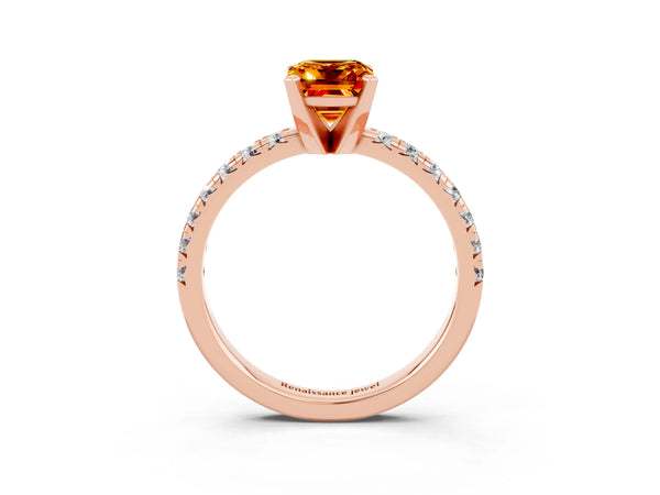 Rose gold Emerald Cut Citrine Solitaire Pavé Engagement Ring with Round Band and Prong Setting