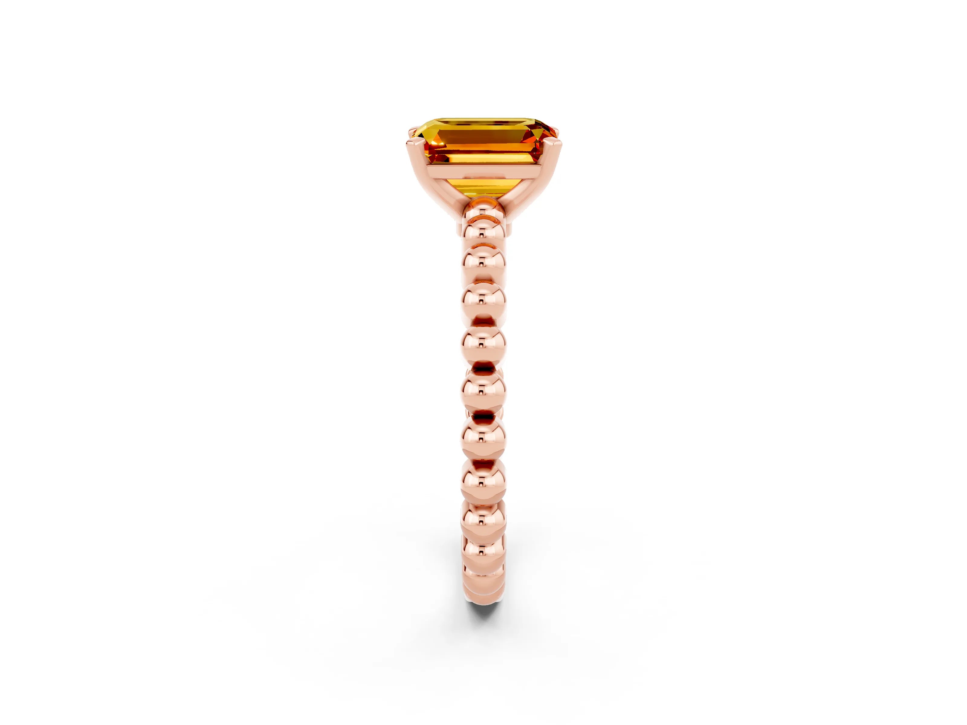 Rose gold Emerald Cut Citrine Solitaire Ring with Beaded Band and Prong Setting_2