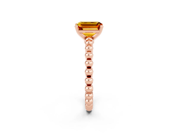 Rose gold Emerald Cut Citrine Solitaire Ring with Beaded Band and Prong Setting