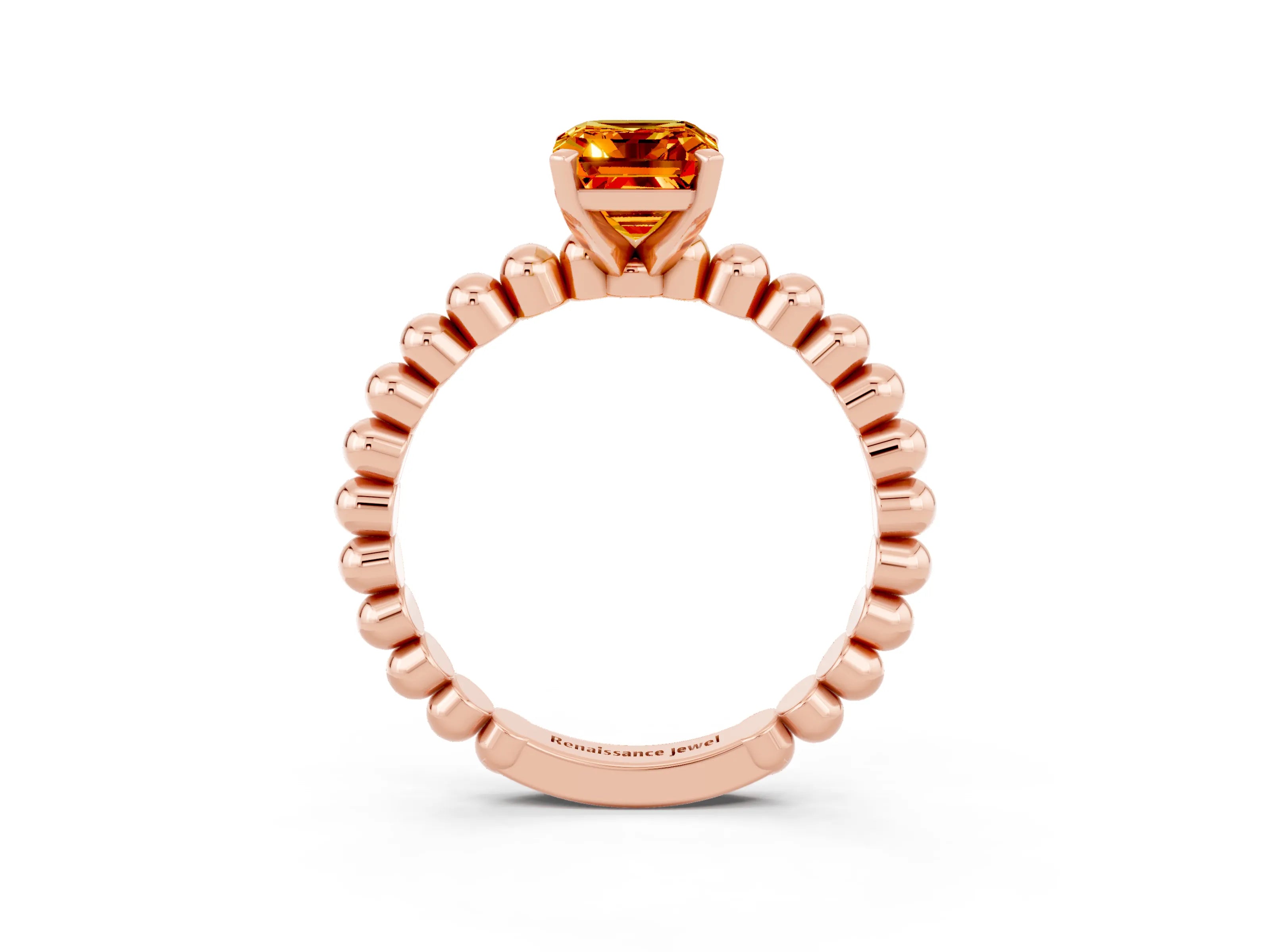 Rose gold Emerald Cut Citrine Solitaire Ring with Beaded Band and Prong Setting_3