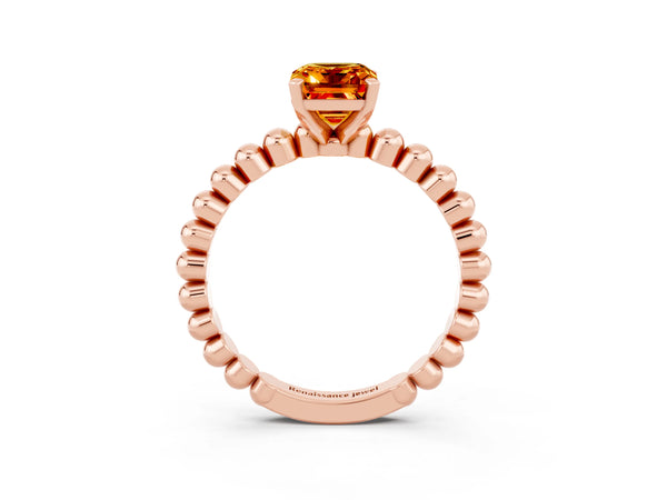 Rose gold Emerald Cut Citrine Solitaire Ring with Beaded Band and Prong Setting