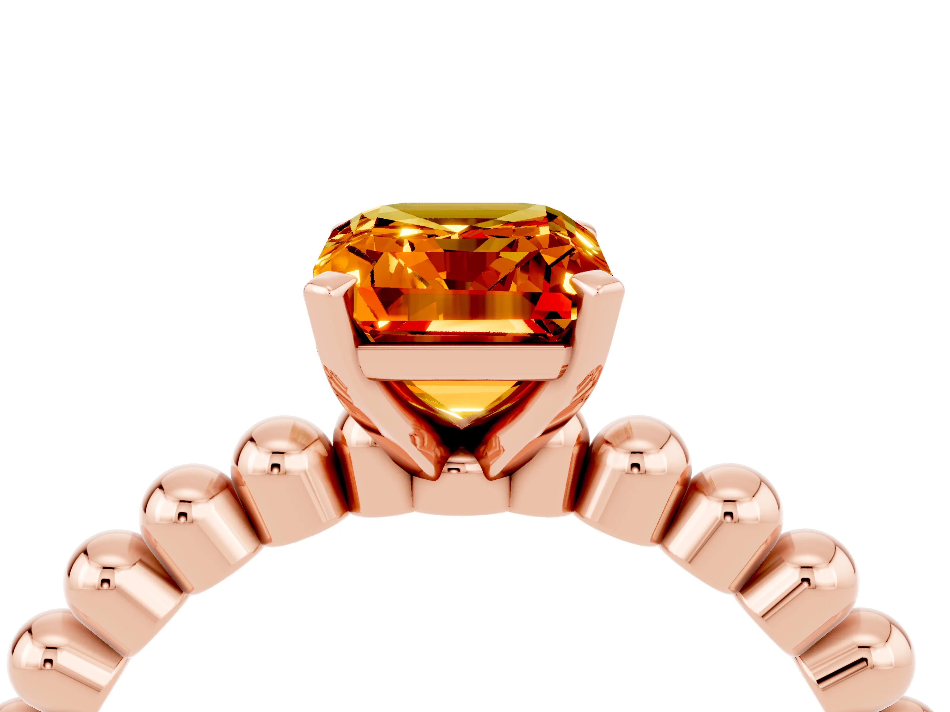 Rose gold Emerald Cut Citrine Solitaire Ring with Beaded Band and Prong Setting_4