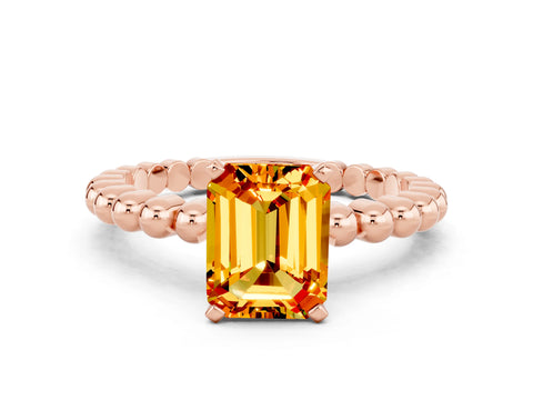 Rose gold Emerald Cut Citrine Solitaire Ring with Beaded Band and Prong Setting