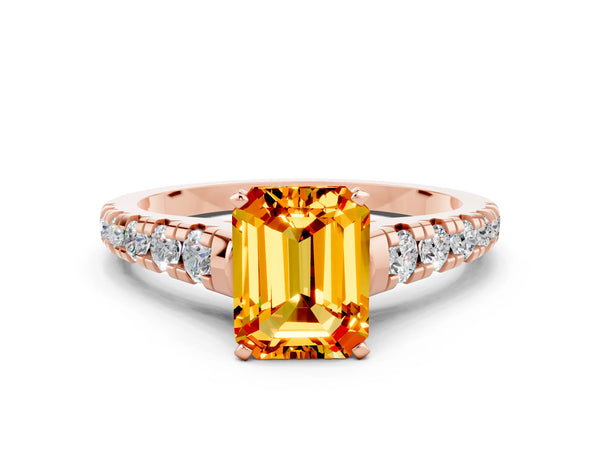Rose gold Emerald Cut Citrine Cathedral Solitaire Ring with Round  Pavé Band