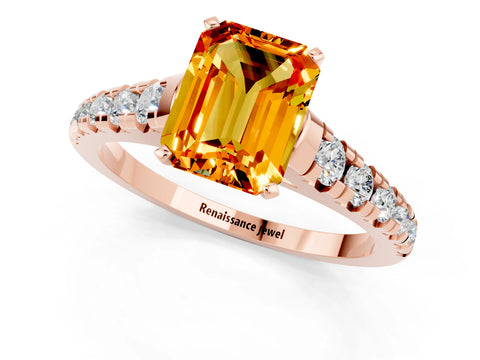 Rose gold Emerald Cut Citrine Solitaire Ring with Cathedral Setting and Pavé Band_1