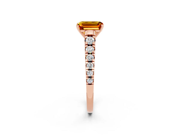 Rose gold Emerald Cut Citrine Cathedral Solitaire Ring with Round  Pavé Band