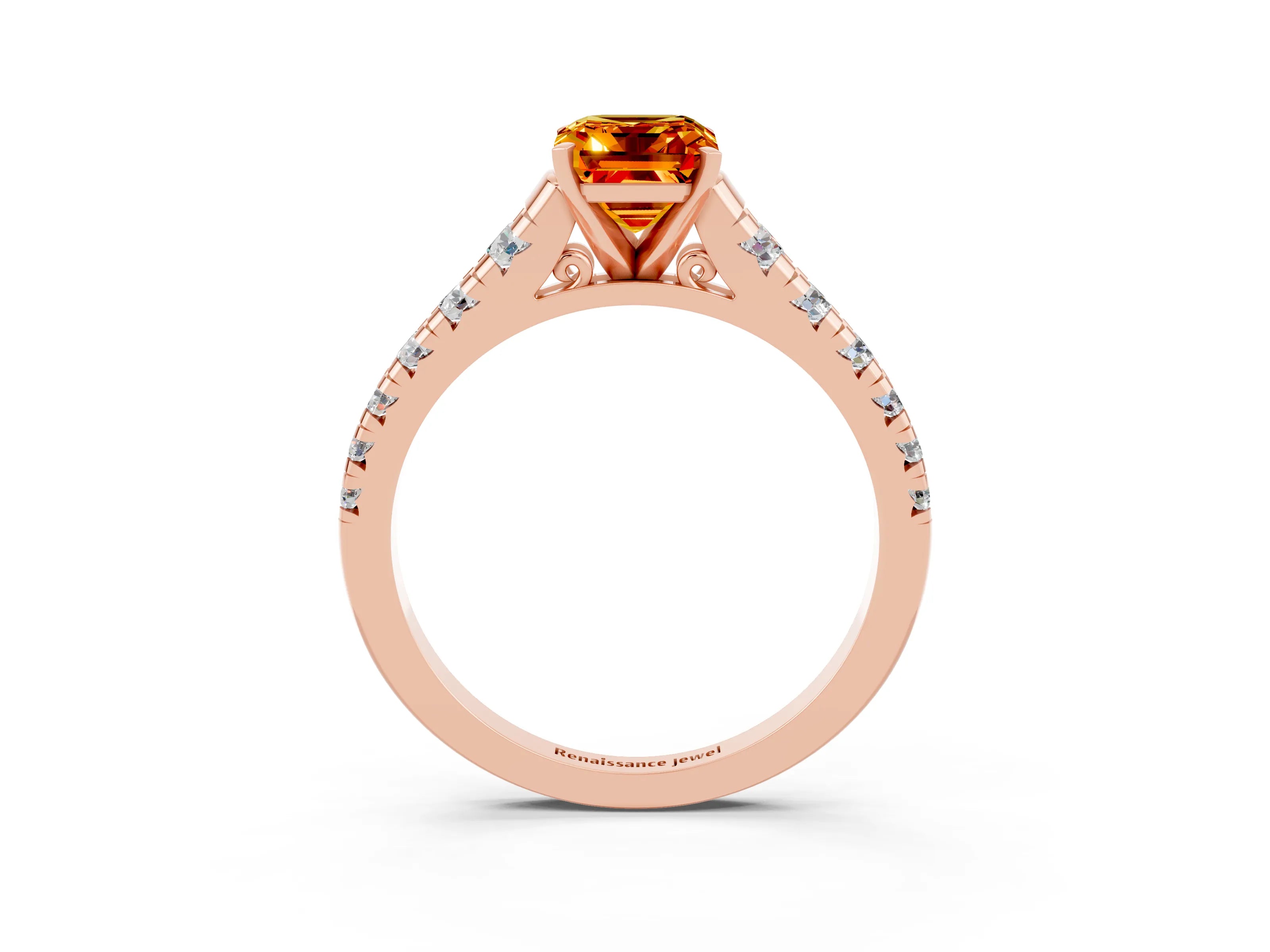 Rose gold Emerald Cut Citrine Solitaire Ring with Cathedral Setting and Pavé Band_3