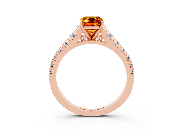 Rose gold Emerald Cut Citrine Cathedral Solitaire Ring with Round  Pavé Band