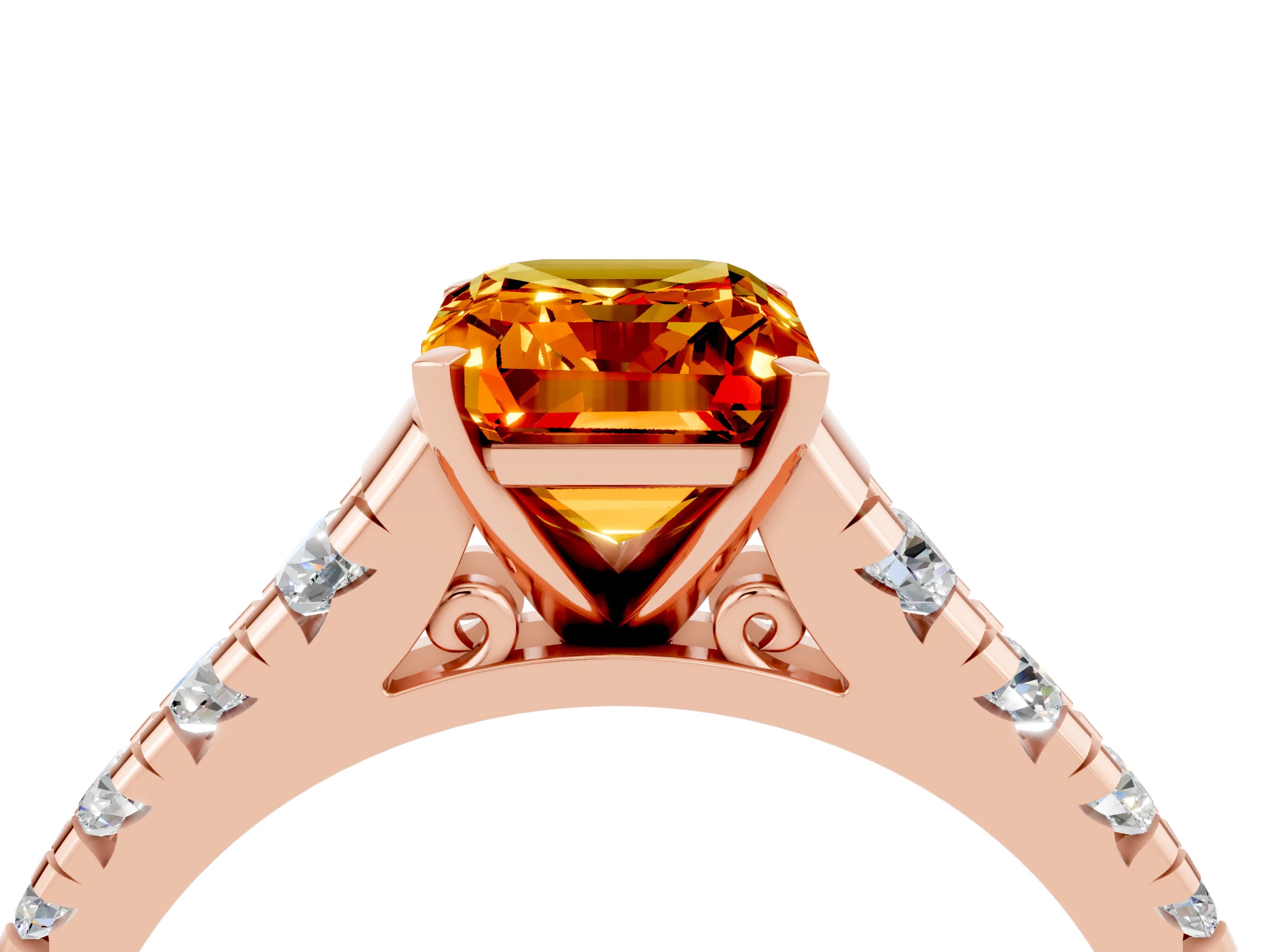 Rose gold Emerald Cut Citrine Solitaire Ring with Cathedral Setting and Pavé Band_4