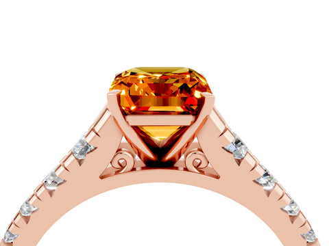 Rose gold Emerald Cut Citrine Solitaire Ring with Cathedral Setting and Pavé Band_4