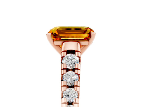 Rose gold Emerald Cut Citrine Solitaire Ring with Cathedral Setting and Pavé Band_5