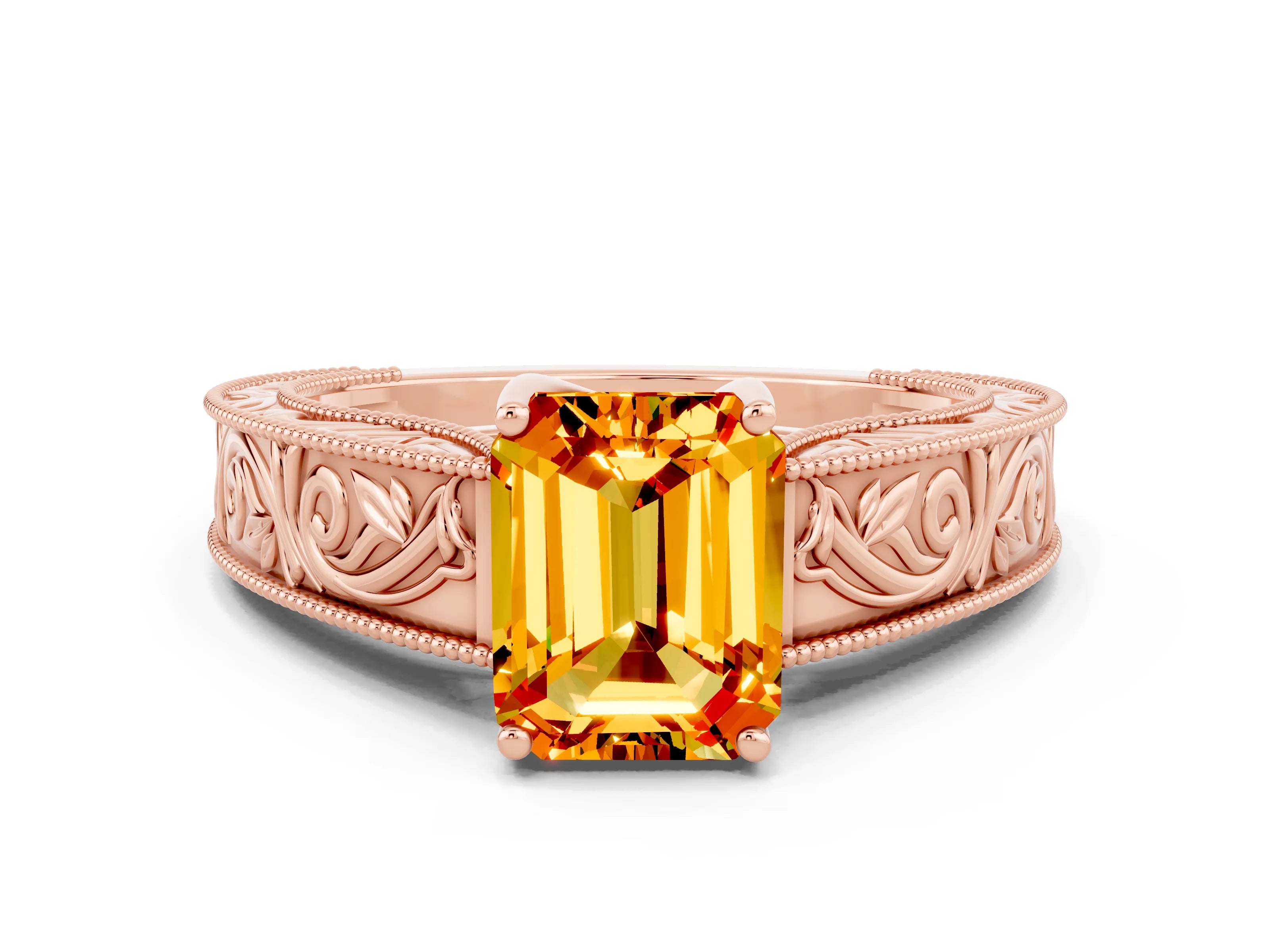 Rose gold Emerald Cut Citrine Solitaire Ring with Engraved Band and Four-Prong Setting