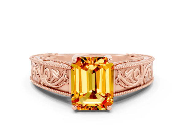Rose gold Emerald Cut Citrine Solitaire Ring with Engraved Band and Four-Prong Setting