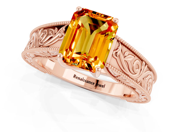 Rose gold Emerald Cut Citrine Solitaire Ring with Engraved Band and Four-Prong Setting