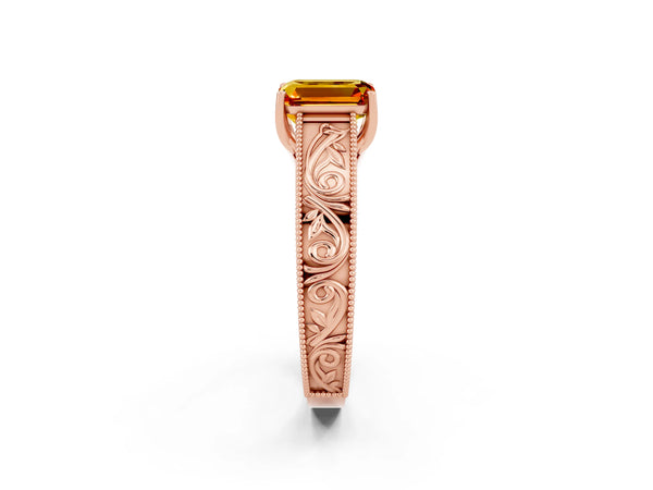 Rose gold Emerald Cut Citrine Solitaire Ring with Engraved Band and Four-Prong Setting