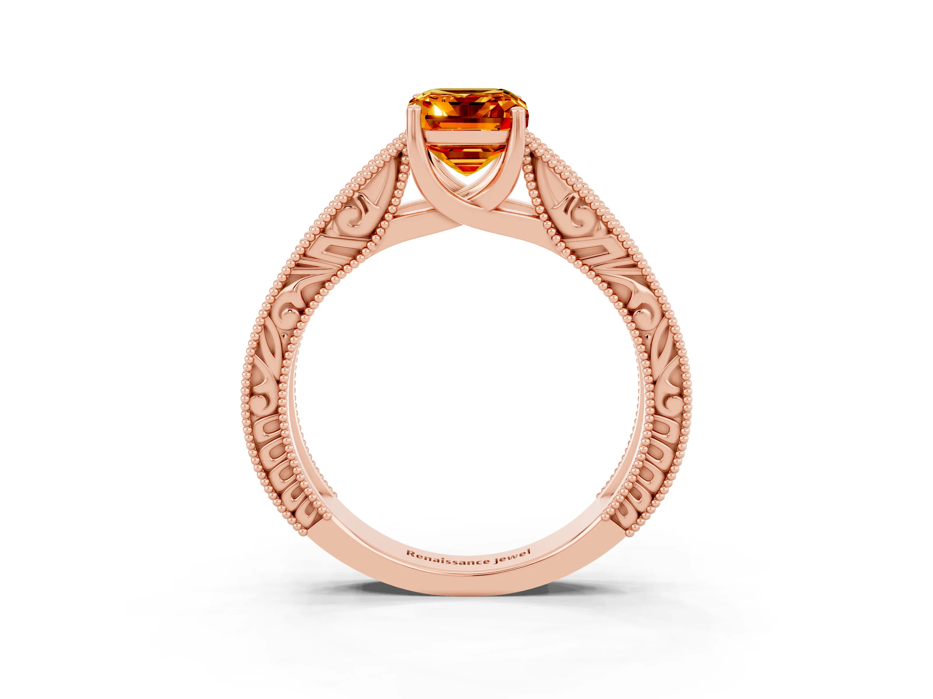 Rose gold Emerald Cut Citrine Solitaire Ring with Engraved Band and Four-Prong Setting_3