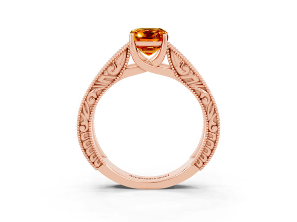 Rose gold Emerald Cut Citrine Solitaire Ring with Engraved Band and Four-Prong Setting
