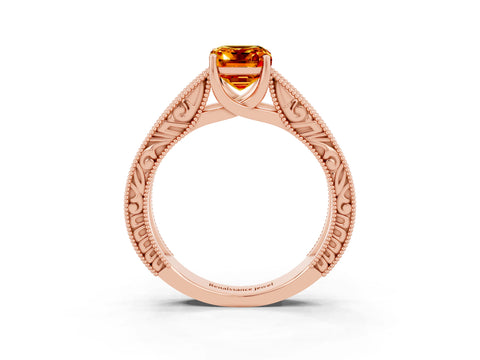 Rose gold Emerald Cut Citrine Solitaire Ring with Engraved Band and Four-Prong Setting_3