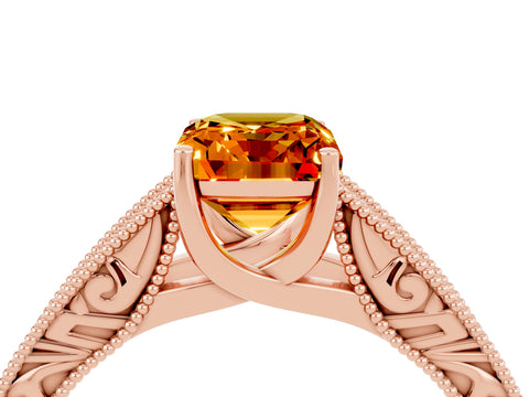 Rose gold Emerald Cut Citrine Solitaire Ring with Engraved Band and Four-Prong Setting_4