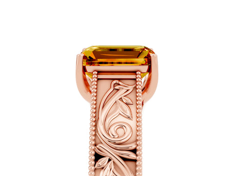 Rose gold Emerald Cut Citrine Solitaire Ring with Engraved Band and Four-Prong Setting_5